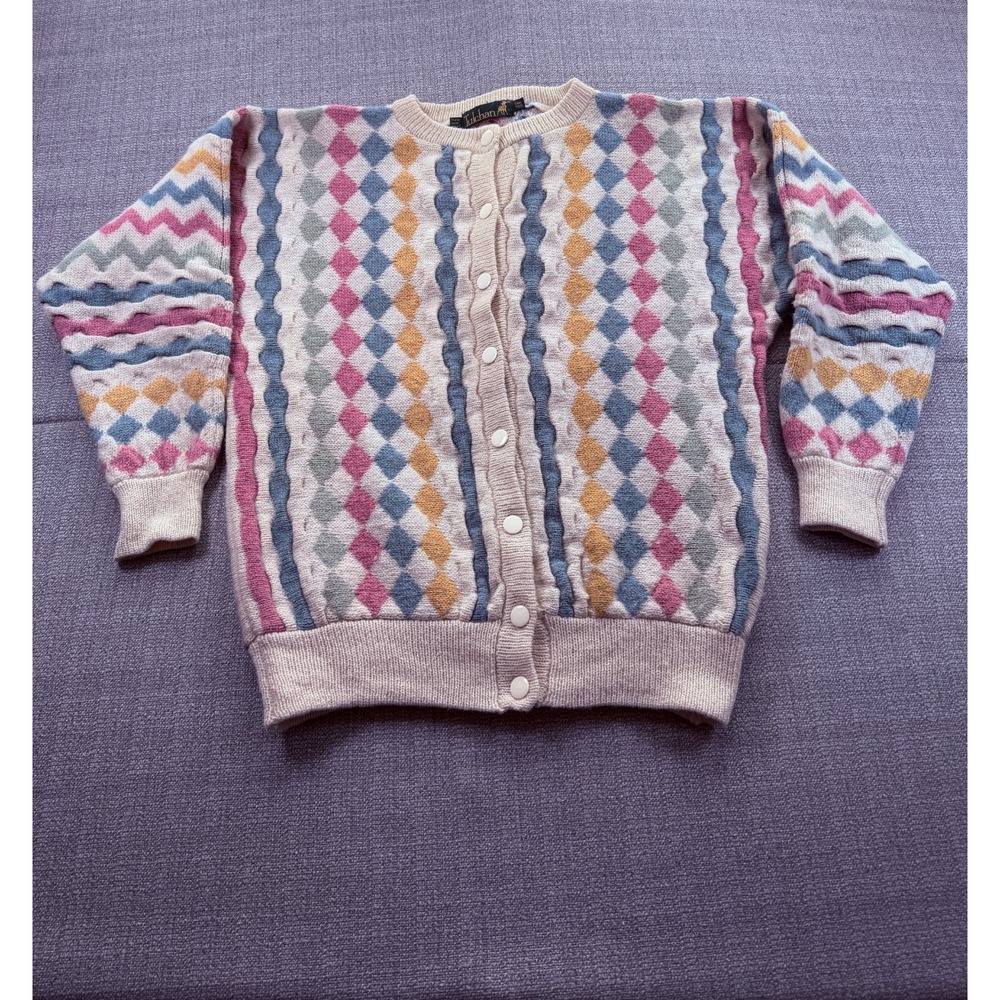 Tulchan Cardigan Sweater Womens One Size Multicolor Argyle Diamond Tight Knit